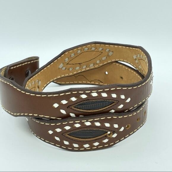 Vintage Brown Leather Belt Western Cut Out Details No Buckle Sz 32 Deadstock - Picture 1 of 6